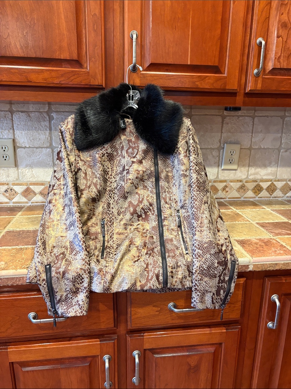 Berek Animal Print Faux Fur Collar Jacket